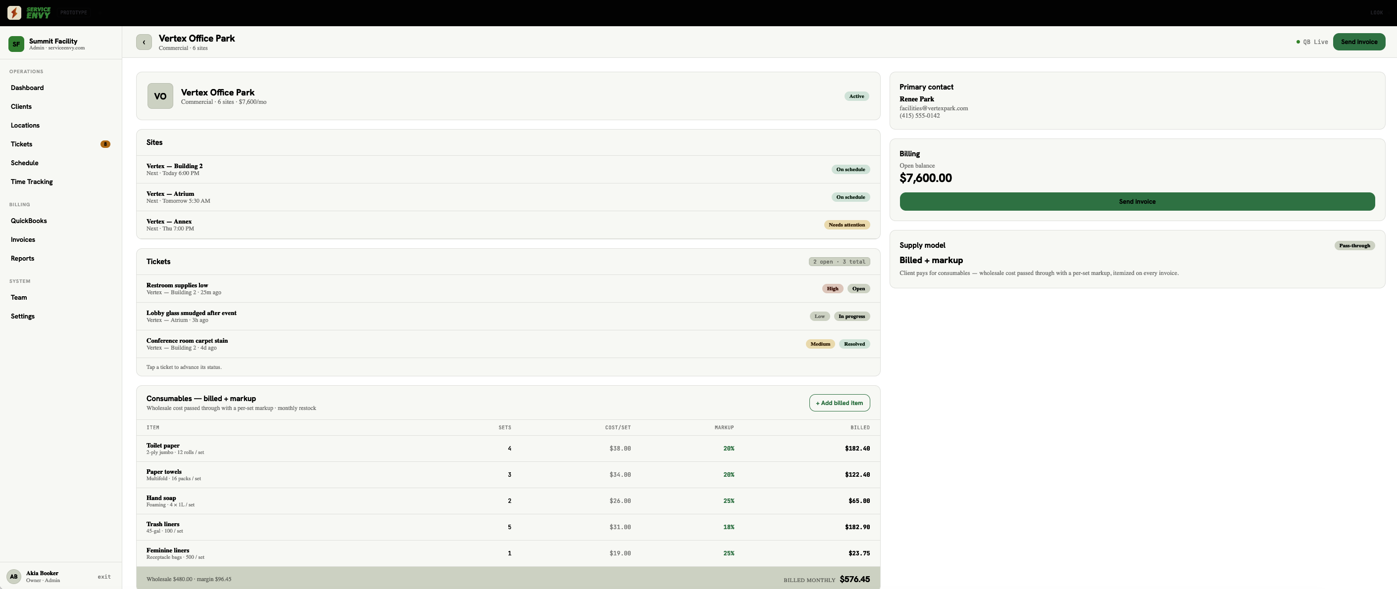 Service Envy client account page: sites, open tickets, consumables billed with markup, and one-tap invoicing